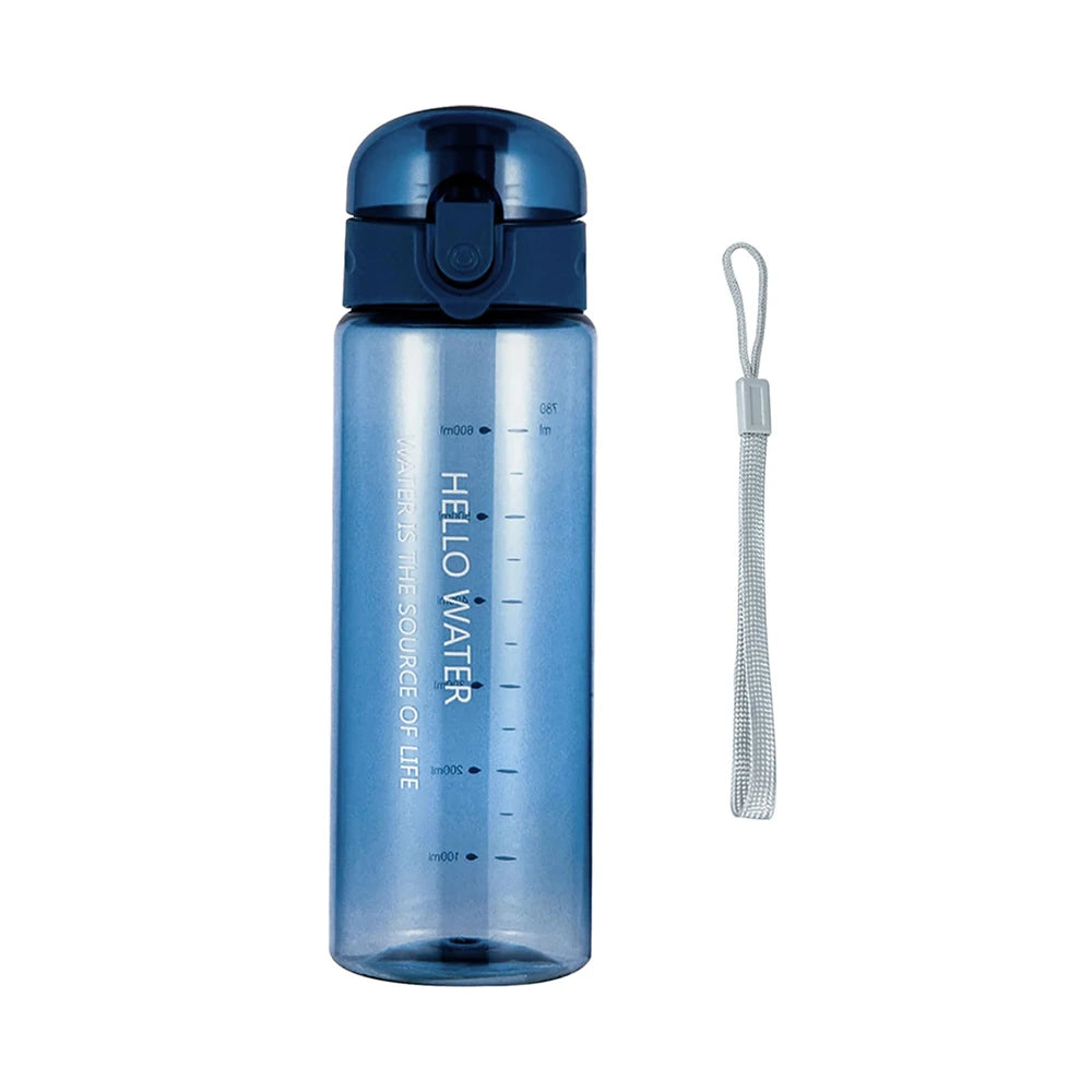 Blue water bottle with navy cap and white text on a white background