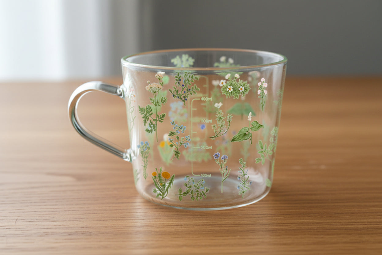Clear glass mug with floral illustrations on a wooden surface