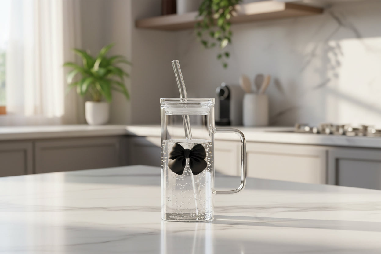 Clear tumbler with black bow design held by a person outdoors