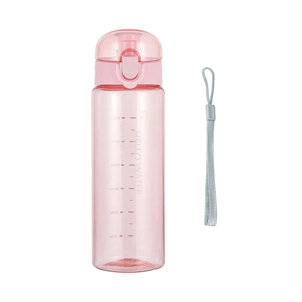 Pink water bottle with a strap on a white background