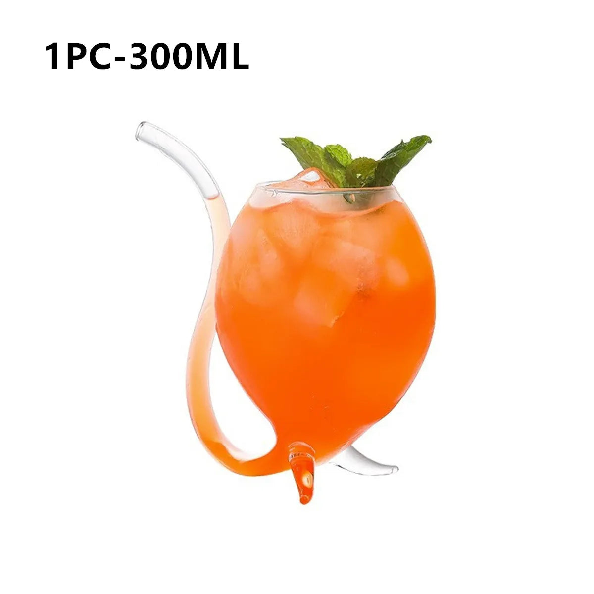 Orange drink in a glass with a straw and mint leaf on a white background, labeled '1PC-300ML'.