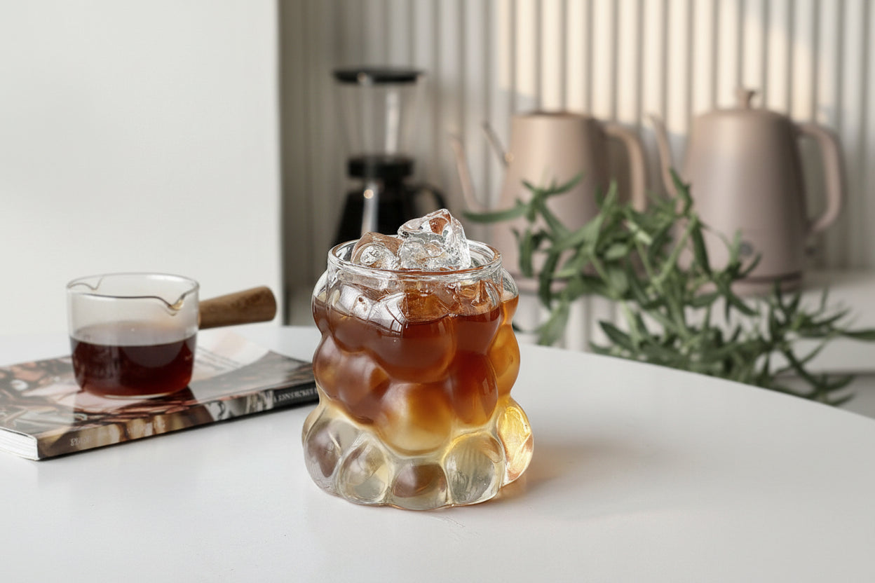 Glass cup with honeycomb design filled with a drink, showing measurements on a white surface.
