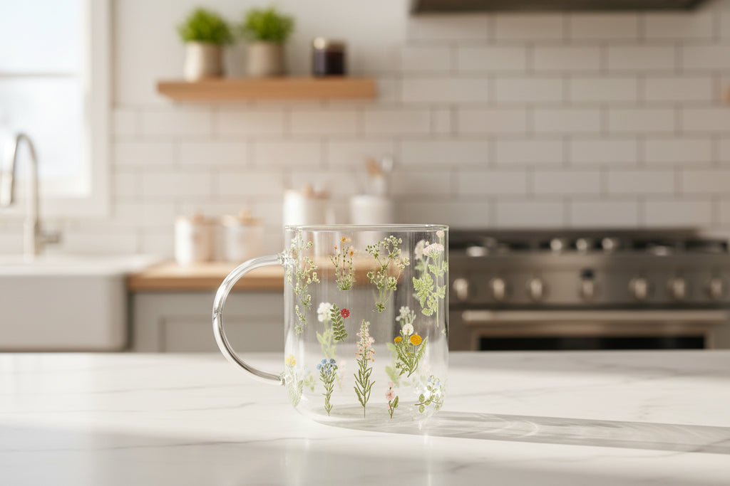 Glass mug with floral design on a white background