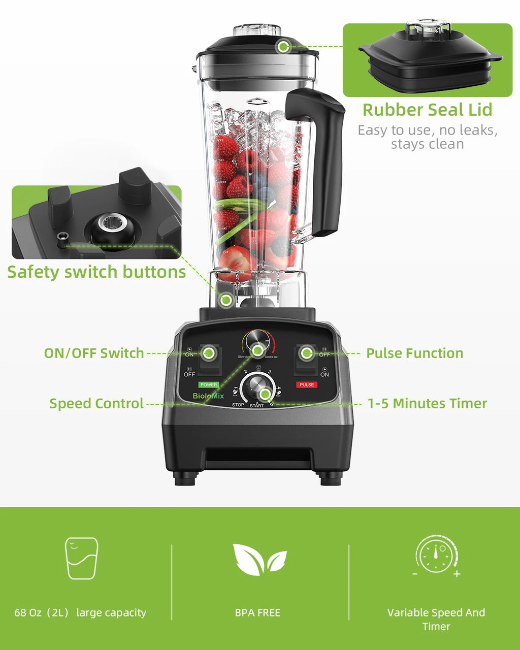 BioloMix 3HP 2200W Heavy Duty Grade Timer Blender Mixer Juicer Fruit Food Processor Ice Smoothies BPA Free 2L Jar