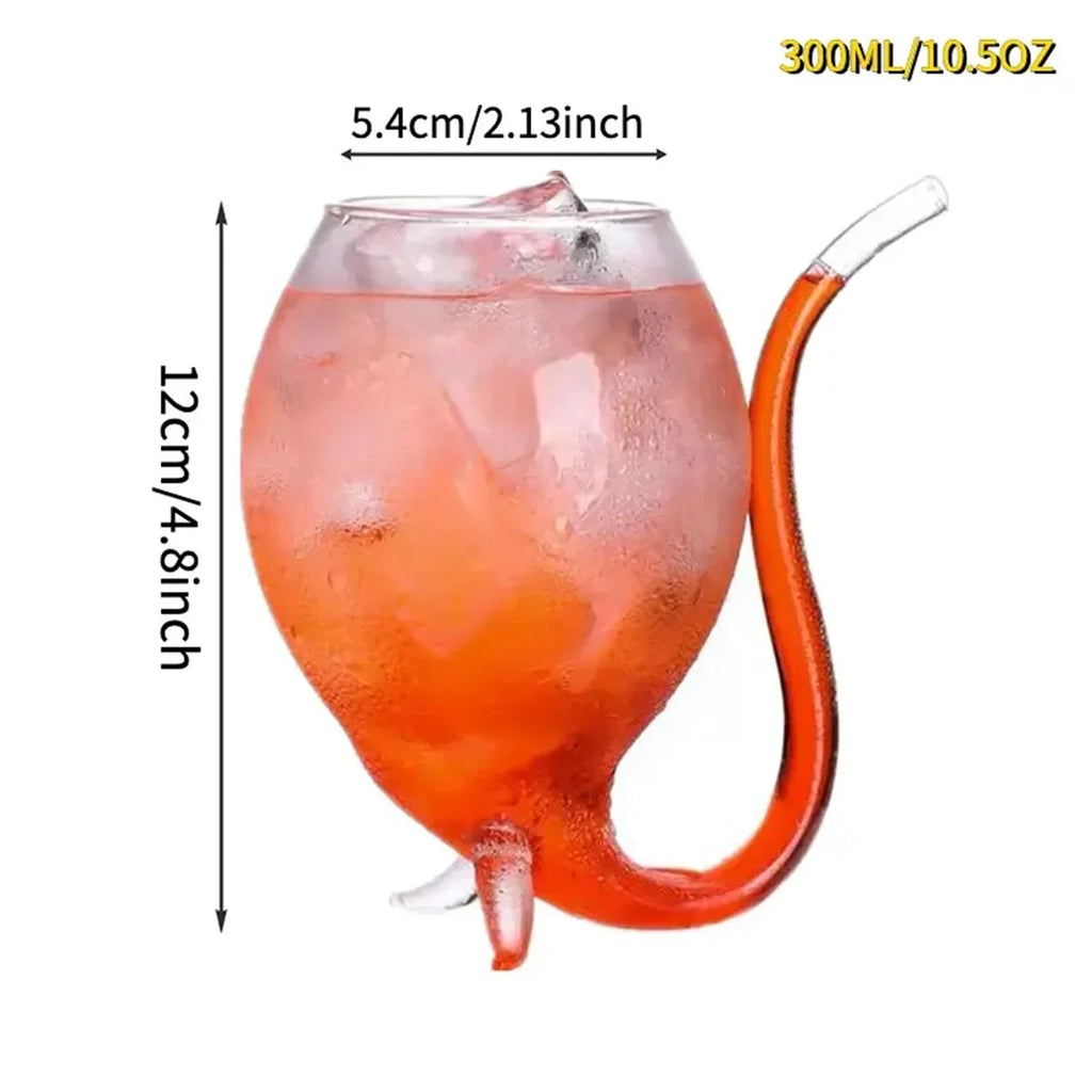Glass drink container with red liquid and ice, measurements indicated, on a white background