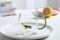 Clear glass mug with a green handle and turtle figure on a white surface.