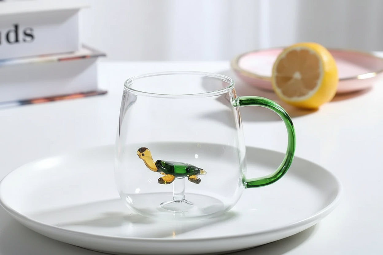 Clear glass mug with a green handle and turtle figure on a white surface.