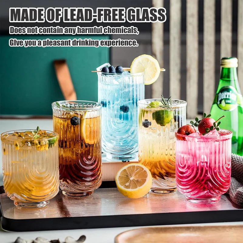 Colorful cocktails in lead-free glassware with a blurred background