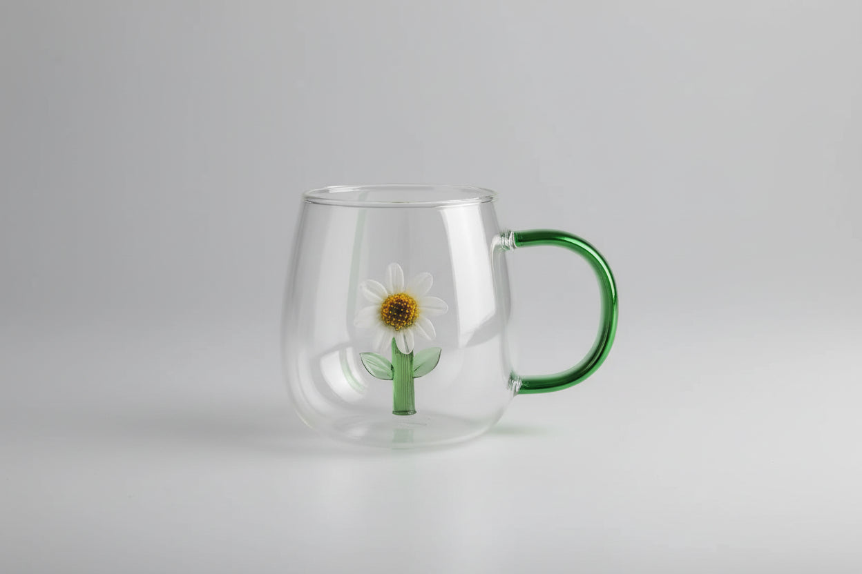 Clear glass mug with a green handle held by a hand against a tiled wall background