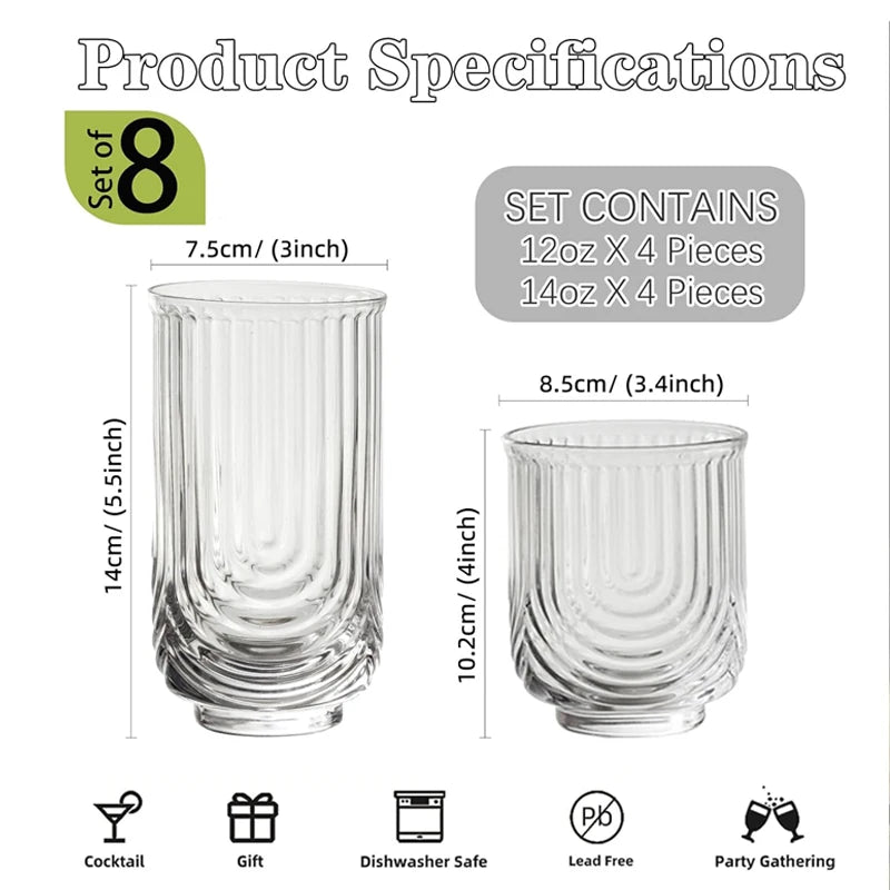 Glass tumblers with dimensions and product specifications on a white background