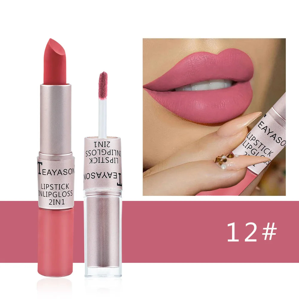 1PC Pink Lipstick  Lip Gloss 2 In 1 Lip Tint Waterproof Long -Lasting Moisture Red Lip Matte Lipstick Make-Up For Women