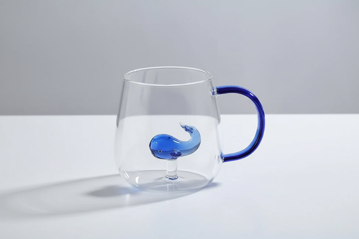 Clear glass mug with a blue whale design handle on a white surface