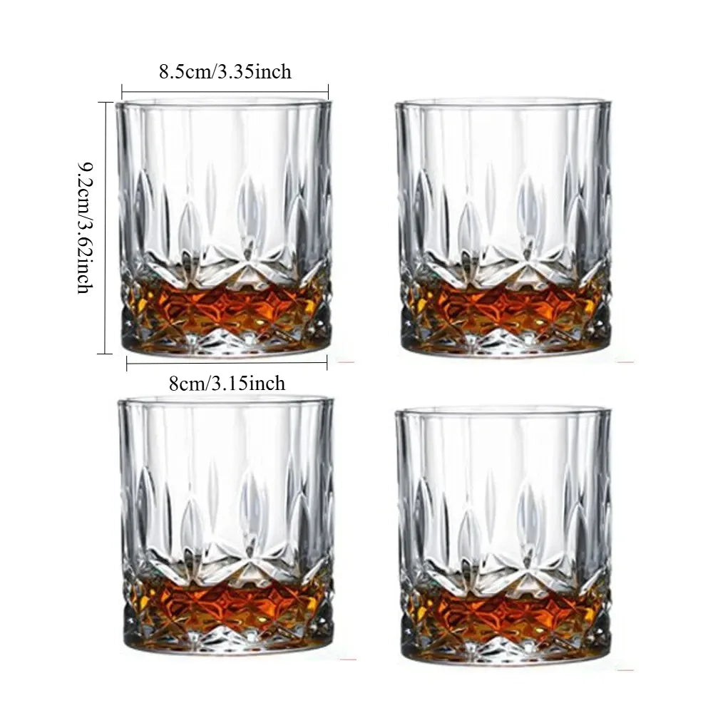 Four clear whiskey glasses with liquid, shown from different angles and with measurements on a white background.