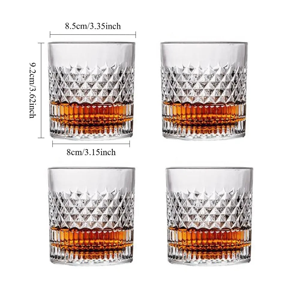 Four crystal glasses with diamond patterns filled with amber liquid, shown with measurements on a white background.