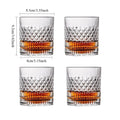 Four crystal glasses with diamond patterns filled with amber liquid, shown with measurements on a white background.