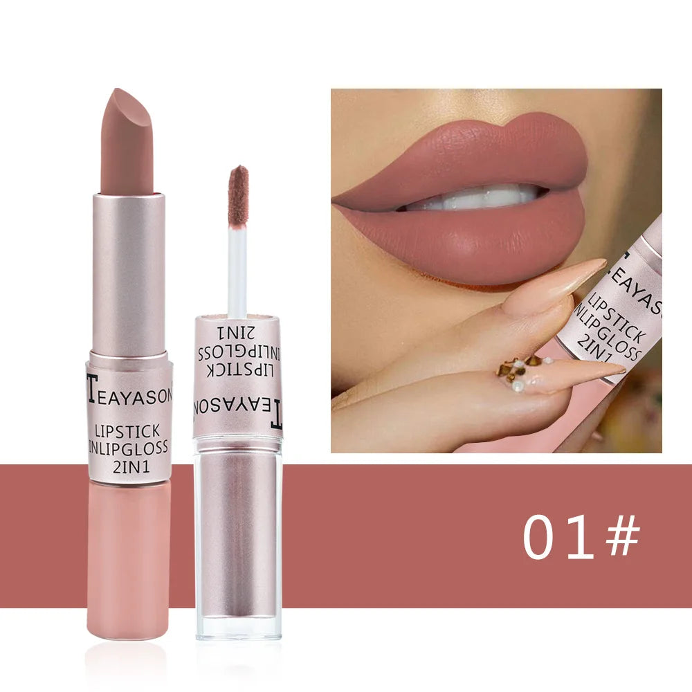 1PC Pink Lipstick  Lip Gloss 2 In 1 Lip Tint Waterproof Long -Lasting Moisture Red Lip Matte Lipstick Make-Up For Women
