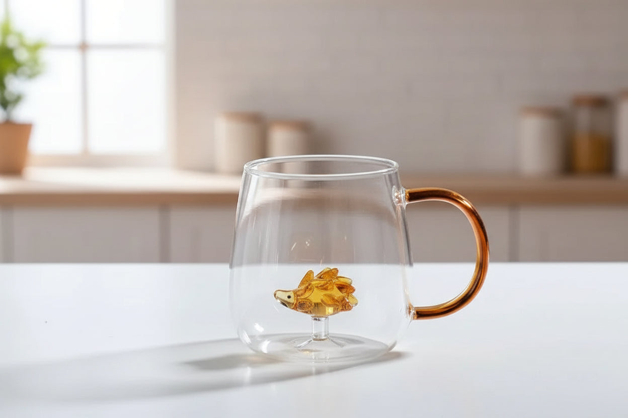 Clear glass mug with a gold handle featuring a decorative element on a light background