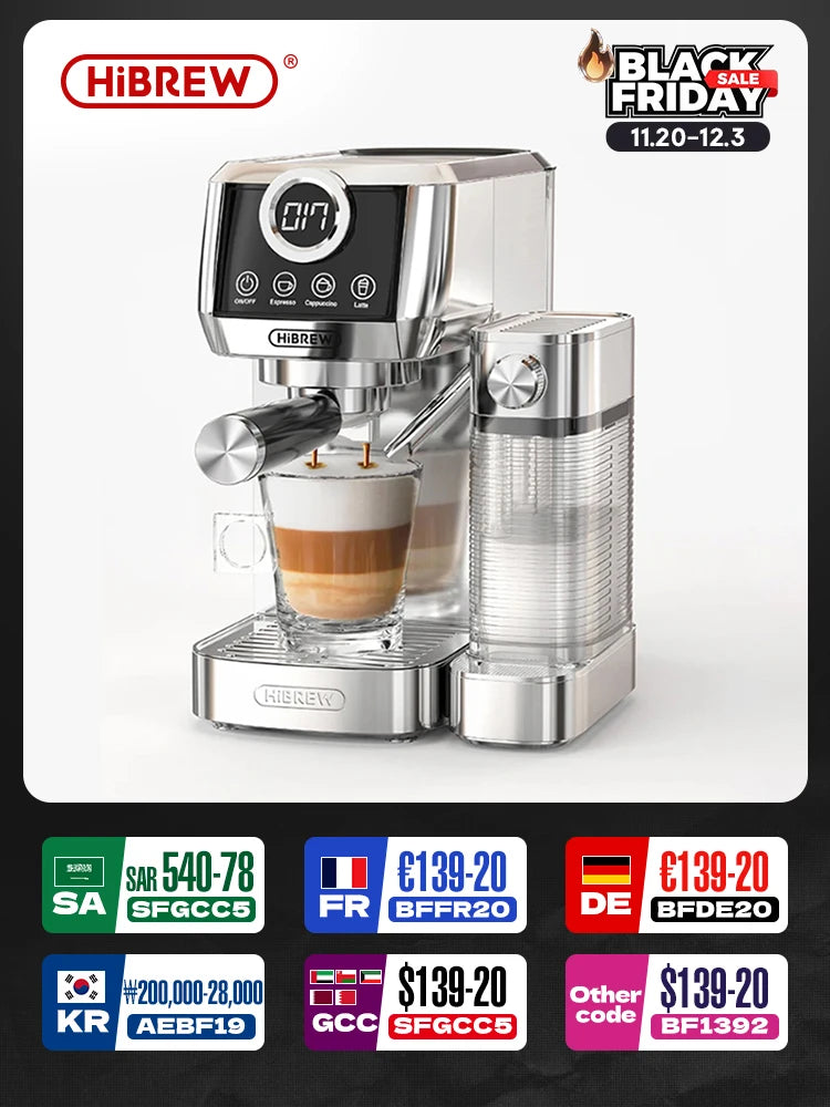 HiBREW  3 in 1 Semi Automatic Espresso Cappuccino Latte Coffee Machine Automatic Milk Froth Ground Coffee Stainless Steels H13A
