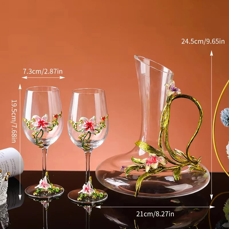 Decorative glassware set with floral designs on a brown background